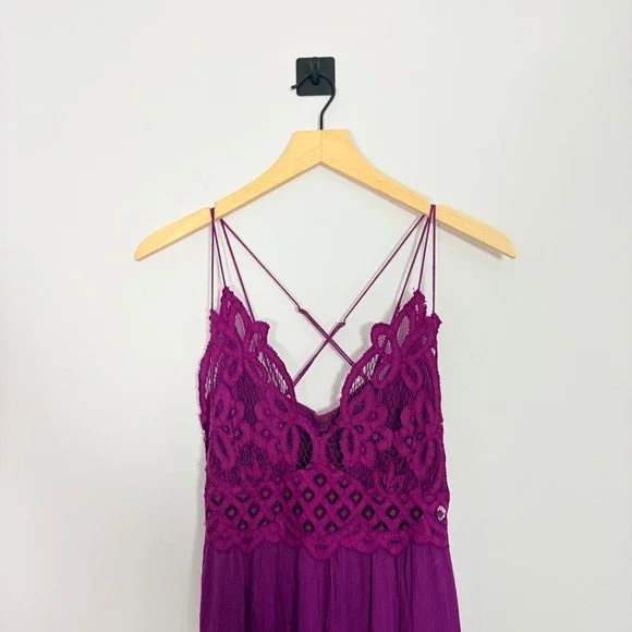 Free People Adella Tiered Slip Boho Dress Purple Crochet Lace Ruffle Mini Medium - Picture 3 of 7